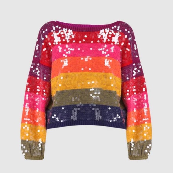 FARM Rio Sweaters - Farm Rio Rainbow Stripe Sequin Sweater